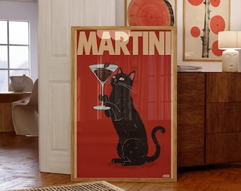 Black Cat Espresso Martini Wall Art | Funny Cocktail Cat Poster | Vintage Home Bar Decor | Cat Lovers Gift | Modern Minimalist Art Print