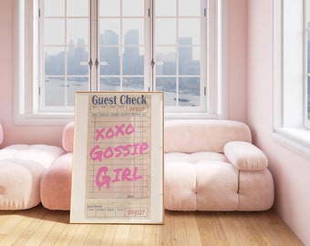 Gossip Girl Inspired Retro Guest Check Poster, Trendy Preppy Dorm Decor, Bathroom Wall Art, Pink Aesthetic, Retro Bar Cart Prints, Old Money
