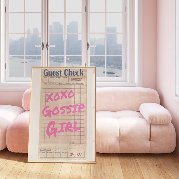 Gossip Girl Inspired Retro Guest Check Poster, Trendy Preppy Dorm Decor, Bathroom Wall Art, Pink Aesthetic, Retro Bar Cart Prints, Old Money