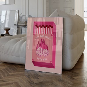 Fioletowy różowy plakat zapałczany, retro kostki w ogniu, dziewczęca estetyka Y2K, sztuka współczesna w stylu vintage, romantyczny znak na prezent walentynkowy