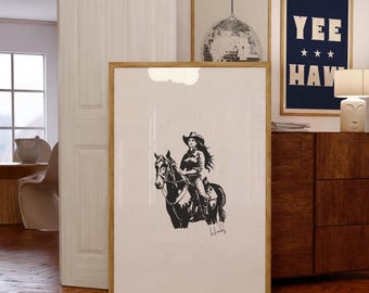 Retro Cowgirl Print, Minimalist Western Farmhouse Art