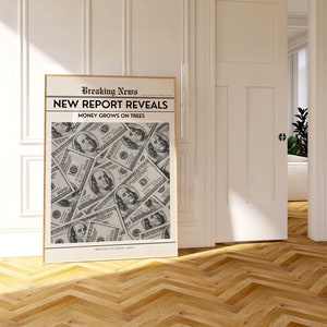 Wydruk gazety Money Manifestation, sztuka ścienna Statement, modny wystrój akademika, wózek barowy Man Cave, awangardowa sztuka pop, estetyka czarno-biała
