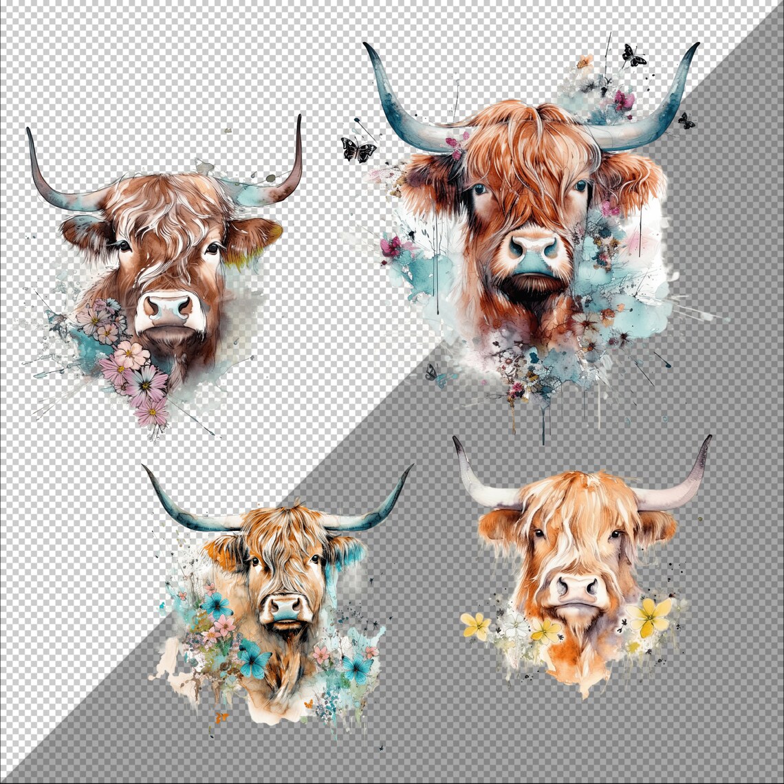 Watercolor Highland Cow With Spring Flowers Clipart Bundle High Quality ...