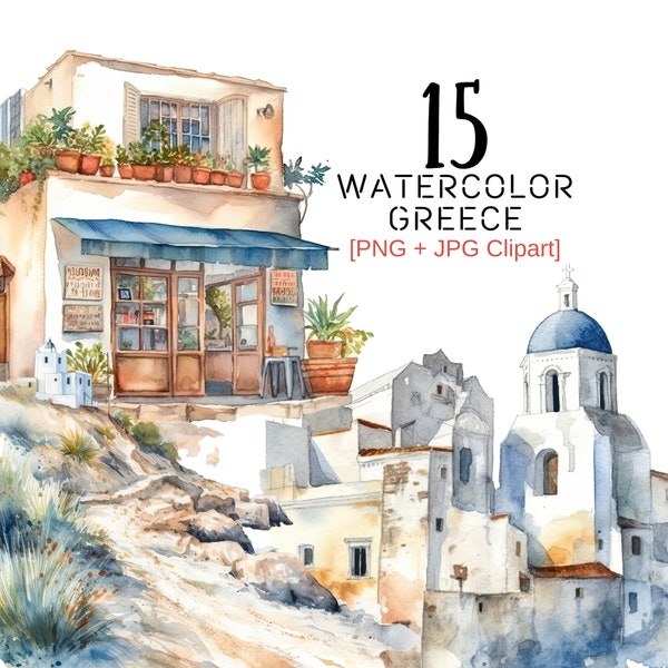 Watercolor Greece Clipart Bundle - Travel Clipart - 15 High Quality JPG PNG -  Santorini Clipart - Tourist Clipart - Watercolor Santorini