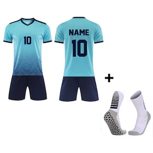 Personalised Adult Football Kit Soccer Jersey Shirt Short & Sock Training Set Blue Birthday Gift M-3XL