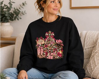 Cowgirl Christmas Sweatshirt, Western Christmas Jumper, Pink Cowboy Christmas Sweater, Country Christmas Gift for Women, Western Holiday Top