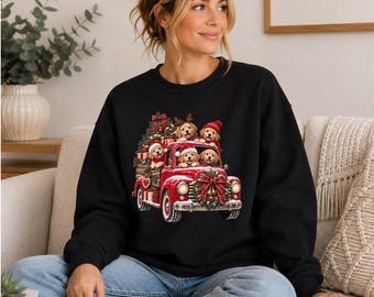 Golden Retriever Christmas Sweatshirt, Christmas Puppies Jumper, Dogs in Red Truck Sweater, Dog Lover Christmas Gift for Women
