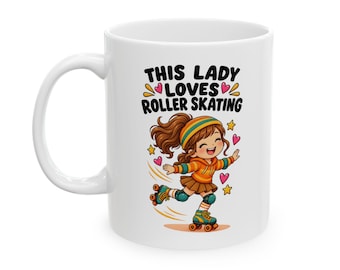 Mok met rolschaatsmotief voor vrouwen, 'Deze dame houdt van rolschaatsen'-mok, rolschaatscadeau voor haar, retro rolschaatscadeau, mok voor rolschaatsliefhebbers