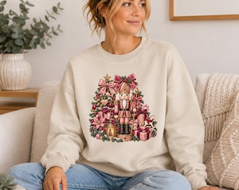 Pink Nutcracker Christmas Sweatshirt, Coquette Christmas Jumper, Nutcracker Sweater for Women, Pink Bow Christmas Top, Festive Holiday Gift