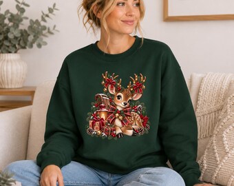 Christmas Reindeer Sweatshirt, Cute Deer Christmas Jumper, Festive Reindeer Sweater, Woodland Christmas Gift for Women, Xmas Jumper