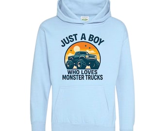Sudadera con capucha «Solo un chico que ama los camiones monstruo» – Regalo genial para niños amantes de los camiones