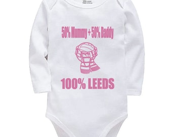 Leeds Personalised 50 Mummy 50 Daddy Long Sleeve Baby Bodysuit Football | Baby Gift | New Baby | Bodysuit | Baby Gift | New Baby