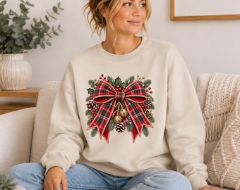 Christmas Bow Sweatshirt, Tartan Plaid Bow Jumper, Coquette Christmas Sweater, Festive Bell Sweatshirt, Christmas Gift for Women