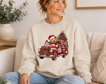 Christmas Gnome Dog Sweatshirt, Golden Retriever Christmas Jumper, Red Truck Xmas Sweater, Festive Dog Lover Gift for Women