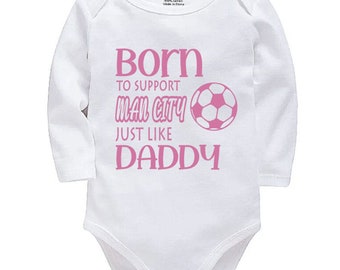 Man City Personalised Born to Support Just Like Daddy, Grandad, Mummy, Nanna Football Baby Vest | Bodysuit | Baby Gift | New Baby