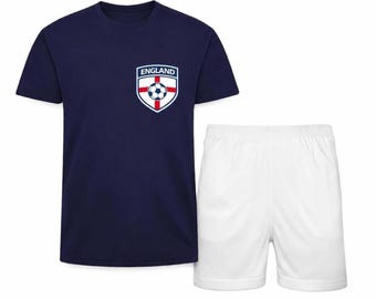 Kids Personalised Football Kit | Custom Name & Number | England Style Navy Shirt and White Shorts Set | Boys Football Gift