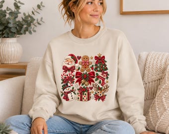 Vintage Christmas Sweatshirt, Santa Gingerbread Reindeer Jumper, Cute Retro Christmas Sweater, Festive Holiday Sweatshirt for Women