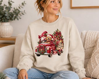 Christmas Gnome Dog Sweatshirt, Golden Retriever Christmas Jumper, Red Truck Xmas Sweater, Festive Dog Lover Gift for Women