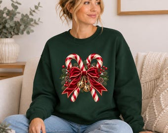 Candy Cane Christmas Sweatshirt, Red Bow Christmas Jumper, Jingle Bell Festive Sweater, Traditional Xmas Jumper, Christmas Gift for Women