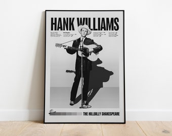 May include: Black and white poster featuring a photo of Hank Williams, a country music singer, holding a guitar and singing into a microphone. The poster has the text "HANK WILLIAMS" in bold, black letters at the top and "THE HILLBILLY SHAKESPEARE" in smaller, black letters at the bottom.