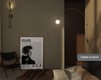 May include: A bedroom interior with a bed, a chair, and a poster of Elvis Presley. The walls are a light beige color and the floor is a dark wood. There are two wall sconces, one with a round light bulb and the other with a long, thin light bulb. The poster is framed in black and has the word "ELVIS" printed in white at the top.
