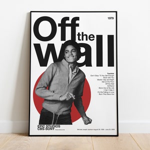 May include: A black and white poster with a red circle in the background. The poster features a photo of Michael Jackson and the text "Off the Wall" in large, bold, black letters. The text "1979" is in the top right corner. The poster also includes the text "Epic Studios CBS-Sony" and a list of songs from the album.