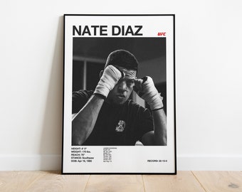 May include: Black and white poster featuring a portrait of Nate Diaz, a mixed martial arts fighter. The poster includes his name, height, weight, reach, stance, date of birth, and fighting record. The text "UFC" is in the upper right corner.