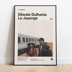 Bollywood Film Poster Dilwale Dulhania Le Jayenge, Shah Rukh Khan, Kajol, Indian Hindi Movie Wall Art, Modern, Simple, Minimal image 1