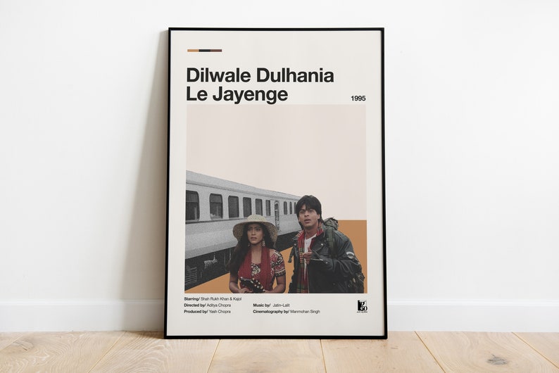 Bollywood Film Poster Dilwale Dulhania Le Jayenge, Shah Rukh Khan, Kajol, Indian Hindi Movie Wall Art, Modern, Simple, Minimal image 1