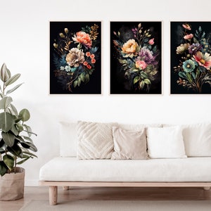 Dark Botanical Tryptic Wall Art, Dark Academia Flowers, Moody Floral Printable Art, Botanical Art, 3 Piece Wall Art, Gallery Wall Art Prints