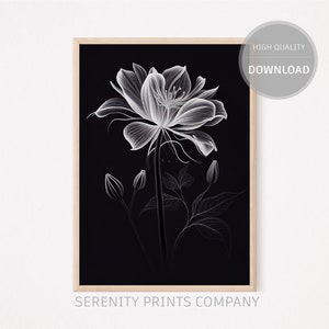 Dark Academia Flowers, Apartment Flower Art, Botanical Sketch Art, Fineline Printable Art, Black and White Art, Peaceful Art Print, Simple