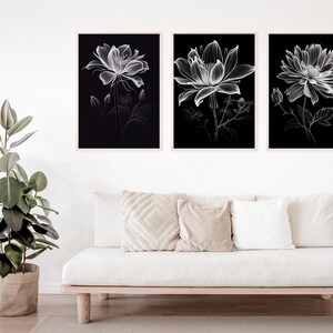 3 Print Flower Bundle Tryptic, Dark Academia Flowers, Fineline Printable Art, Botanical Sketch Art, Tryptic Wall Art, Apartment Flower Art