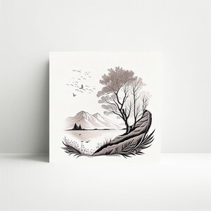 Minimalist landscape sketch art print download, nature art download, tree sketch, mountain sketch art download, serene art digital print