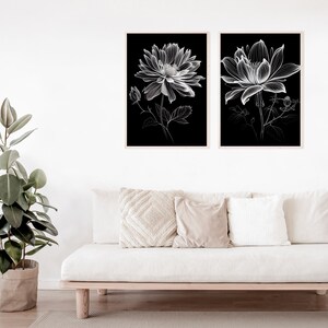 Black and White Flower Bundle, Dark Academia Flowers, Fineline Printable Art, Botanical Sketch Art, Two Piece Art Set, Apartment Flower Art