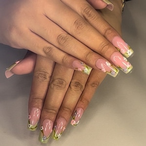 Green French Tip Flower Press On Nails: Square Fairy Design