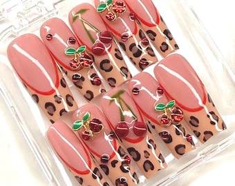 Leopard Red French Tip Cherry Charm Press On Nails