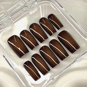 Simple Espresso Brown Aura Airbrush Press On Nails, Fall Nails, Holiday Nails, Gift for Her