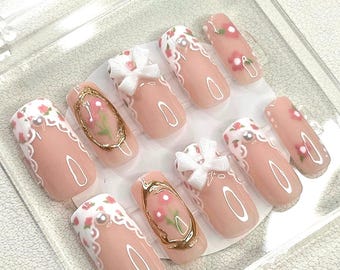 Coquette Pink Flower Press On Nails Floral Lace Pearls & Gold