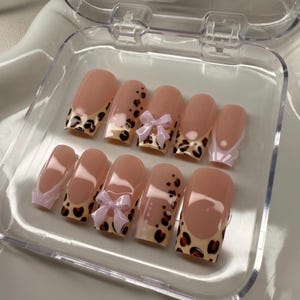 Cute Pink Leopard Baby Press On Nails with French Tips & Bow Accent, Custom Nails, Coquette, Made to Order, Gift for Her