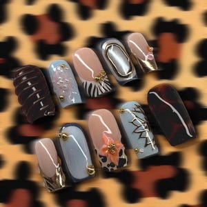 Spring Freestyle Handmade Press On Nails | Baby Blue Pink Gold Nails | Orchid Flower Nails | Tortoise Shell | Zebra Print | Cheetah Print