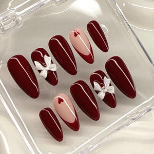 Cherry Red Bow French Tip Press On Nails, Valentine’s Day Nails, Burgundy Nails, Holiday Nails, Gift for Her