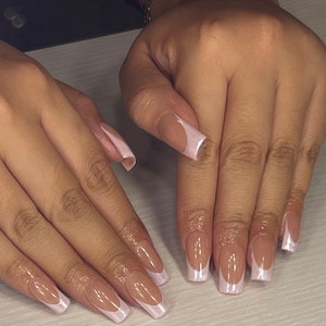 Pink French Tip Press On Nails, Pearl, Chrome, Classic, Wedding Nails, Bridal Nails, Made to Order