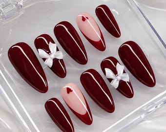 Cherry Red Bow Heart French Tip Handmade Press On Nails