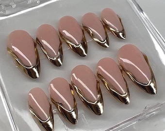 3D Gold Chrome French Tip Press On Nails, Handmade to Order