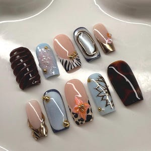Spring Freestyle Handmade Press On Nails | Baby Blue Pink Gold Nails | Orchid Flower Nails | Tortoise Shell | Zebra Print | Cheetah Print