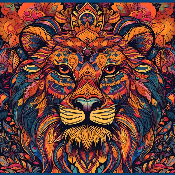 TrippyAnimals™ Lion Téléchargement numérique - Art psychédélique généré par l'IA - Trippy Colorful Vibrant Groovy Abstract Neandertal