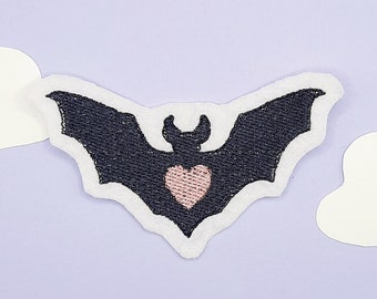 Handmade Iron-On Bat Patch with Pink Heart - Gothic Embroidered Applique - Punk Rock Clothing Customization - Halloween Accessory