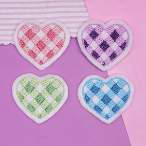 Gingham Heart Iron On Embroidery Patch - Cute Pastel Plaid Checkered Aesthetic Accessory
