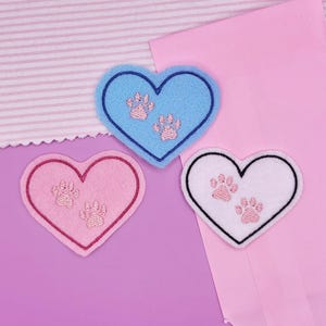 Heart with Mini Pink Paw Prints Iron-On Embroidery Patch - Choose from Pink, Blue, or White/Black - Pet Lover's DIY Craft Supplies