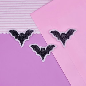 Set of 3 Mini Black Bat Iron On Patches Small Halloween Embroidered Applique for Jackets, Hats, Bags, Costumes
